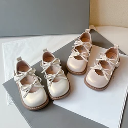 New Girls Princess Leather Shoes Sweet Bowknot Children's Flats Fashion Hollow-out Versatile Kids Causal Shoes Beige Pink