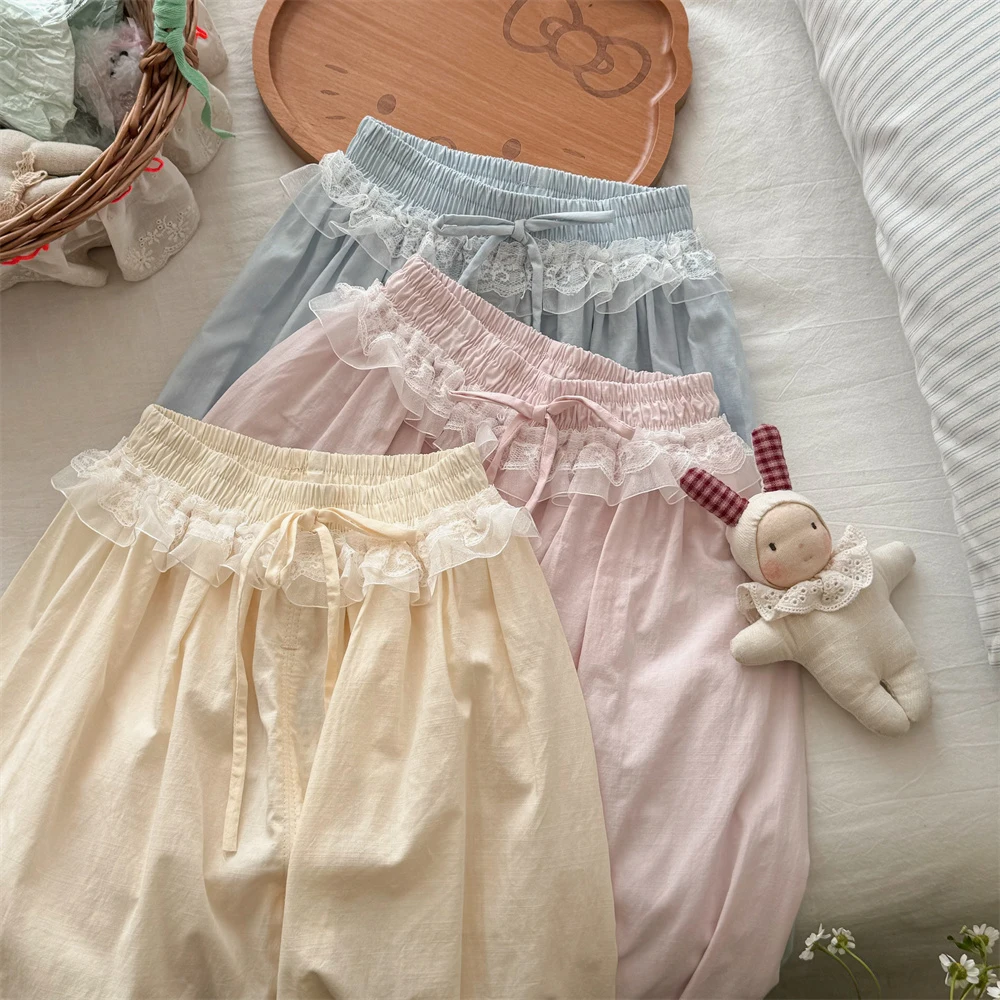 Baby Girls Summer Thin Pants Lace Elastic Waist Solid Color Loose Casual Pants Girls Lantern Pants Kids Girls Trousers