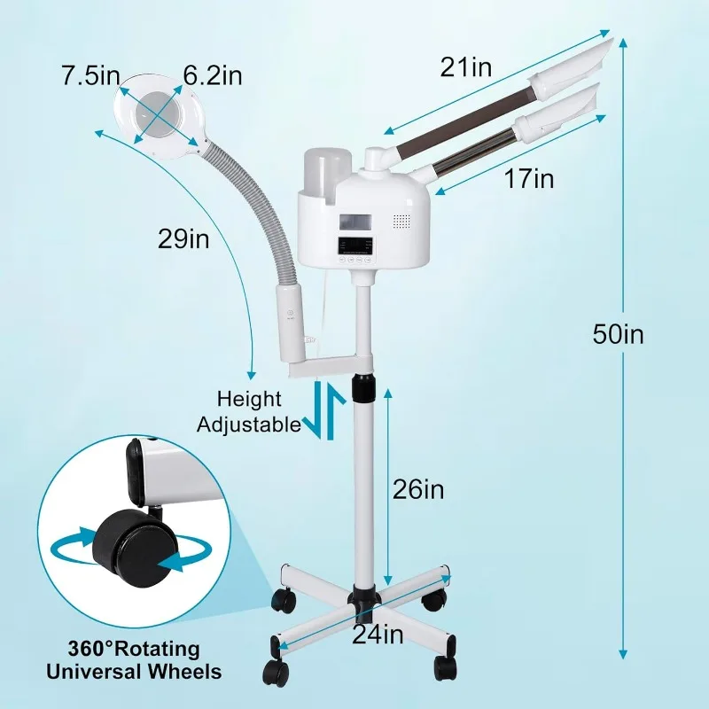 Vaporizador facial 3 em 1 para limpeza profunda do rosto, lâmpada de ampliação de piso LED 5X UV Ozônio Função de névoa quente/fria Vaporizador facial para salão de beleza