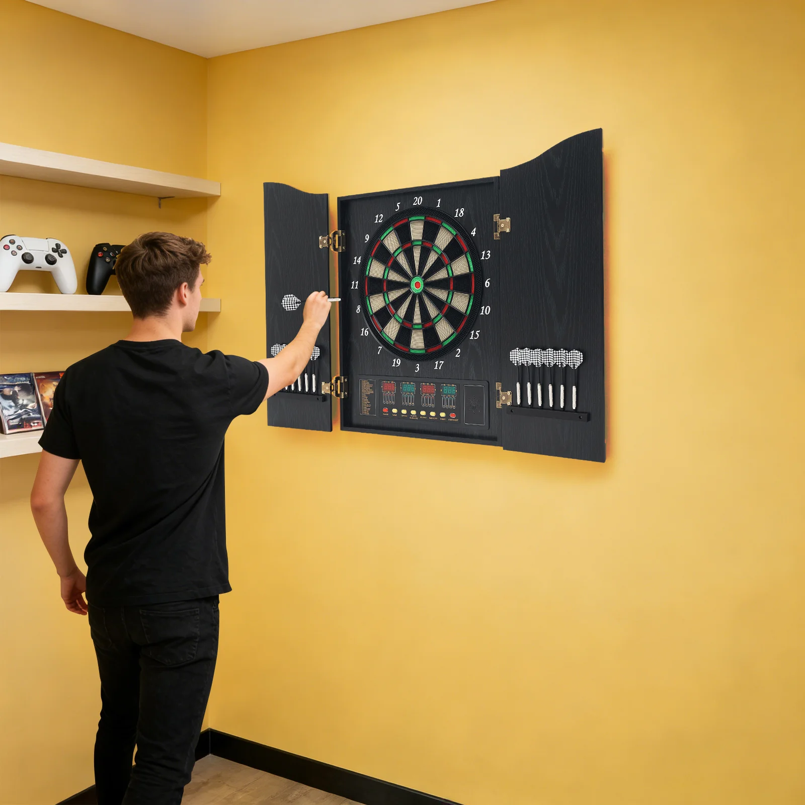 Image of Elektronische Dartscheibe Schwarz, 27 Spiele 243 Unter-Spiele mit 4 LED-Anzeigen, Sprachansage Elektronische Dartmaschine für Party Zuhause Büro, 220V EU-Stecker