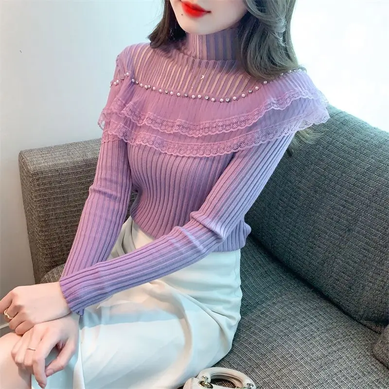 2023 Autumn Winter Ruffles Edge Solid Color Turtleneck Women Clothes Fit Leisure Elegant Beaded Long Sleeved Knitting Shirts