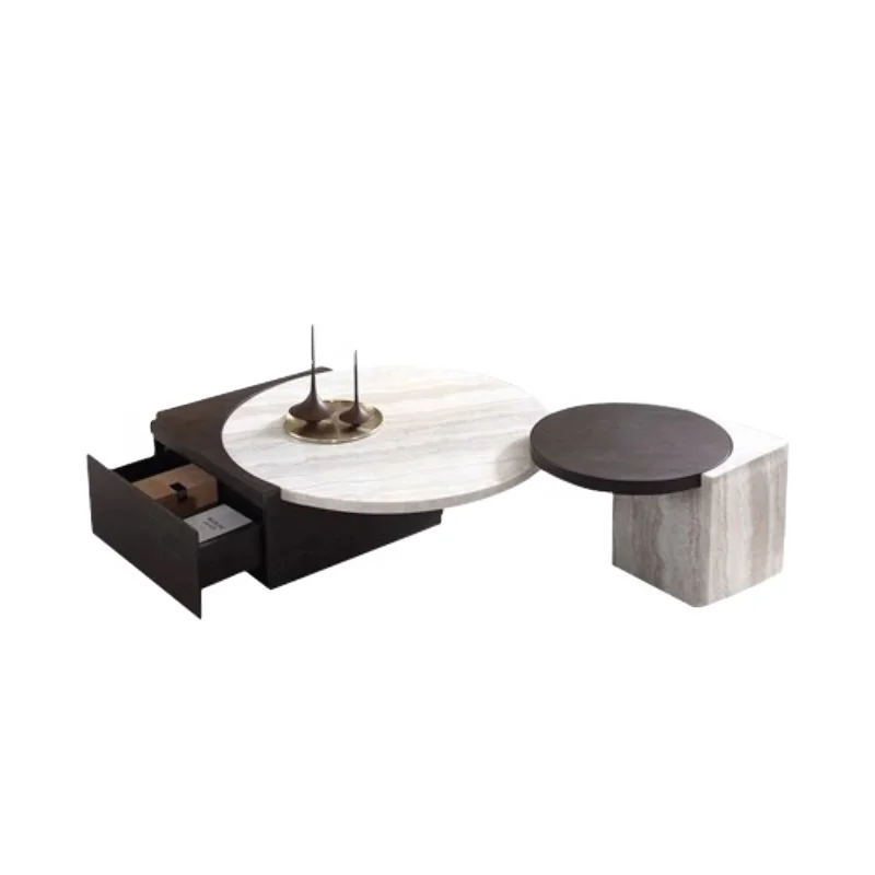

Molded combo coffee table with dark white oak texture and smoked white oak solid wood panel drawers