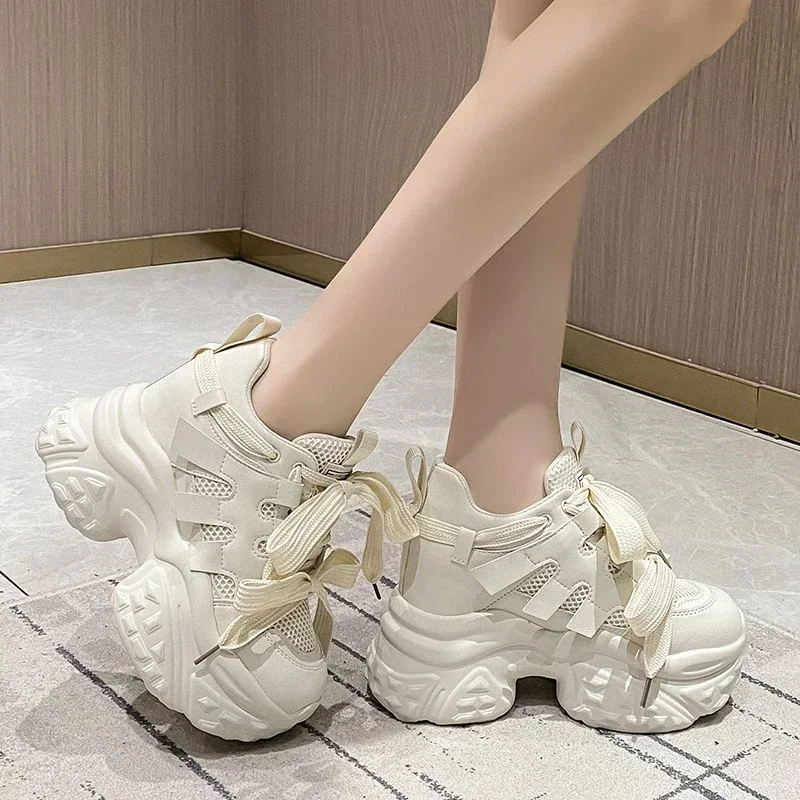 10cm mulheres malha chunky tênis outono sapatos de plataforma alta cunhas de salto alto sapatos casuais mulher respirável esportes pai tênis