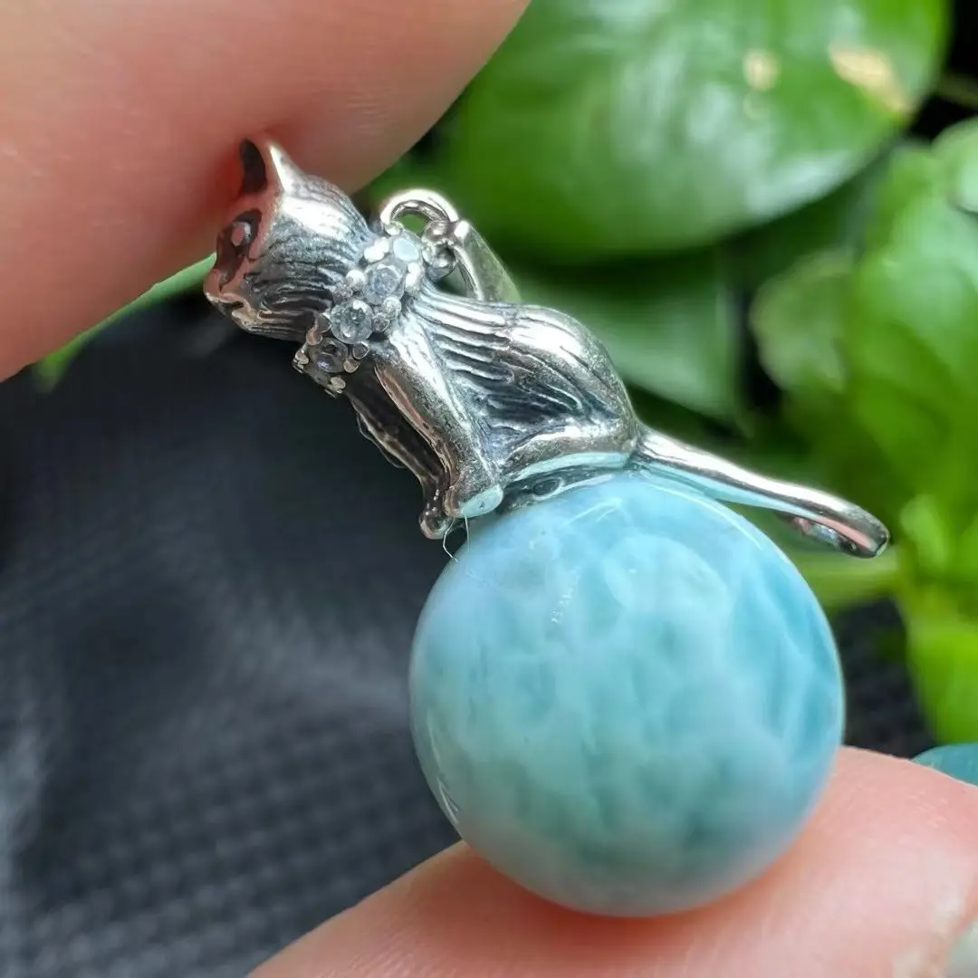 

1 Pc Fengbaowu Natural Larimar Sphere Pendant 12MM Sphere 925 Sterling Silver Cat Reiki Healing Stone Jewelry Gift For Women