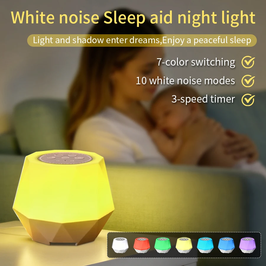 Luz nocturna con función de ruido blanco, 7 colores, relajante para bebés, 10 sonidos de la naturaleza, recargable, con temporizador, lámpara de noche para habitación infantil, regalo para niños