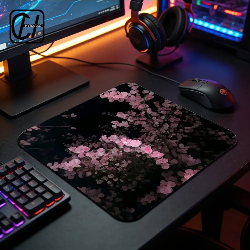 Black Pink Cherry Blossoms Glass Mouse Pad Gaming Smooth Frosted Surface Waterproof Desk Tempered Multiple Sizes Optional XAXC