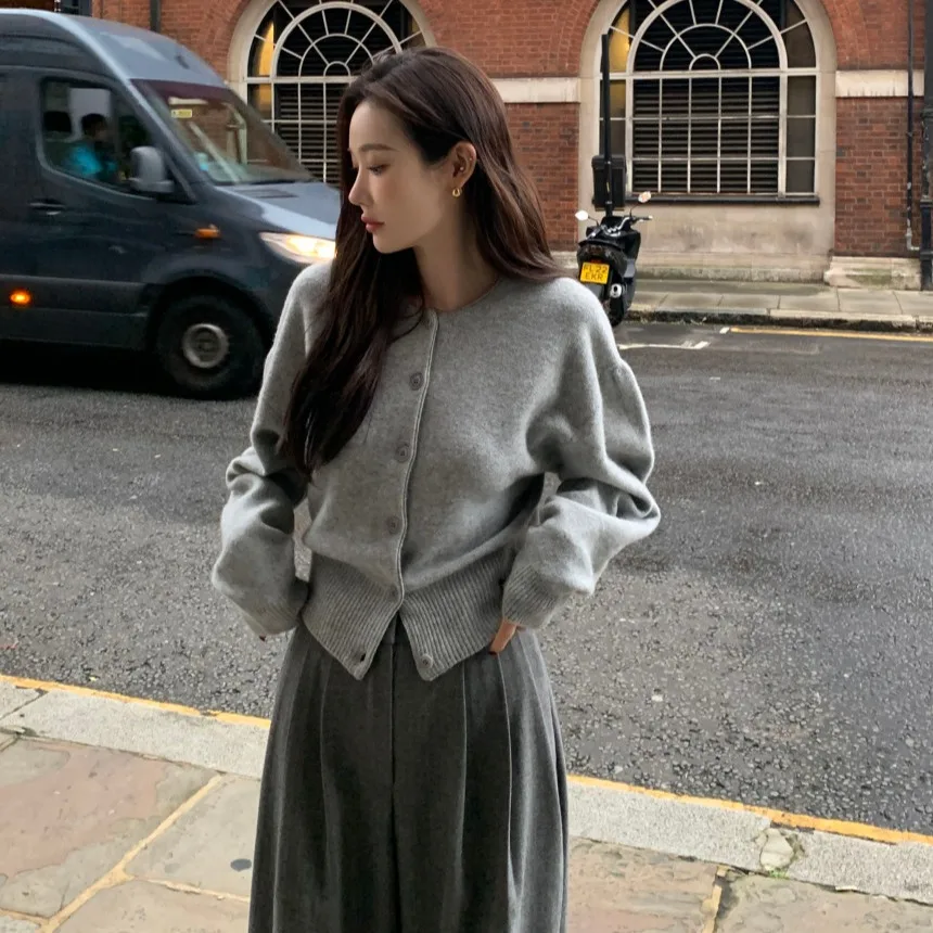 

Простой круглый вязаный открытый кардиган Ne Long Sve, осень-зима, новый повседневный женский свитер на одной пуговице из полиэфирного волокна