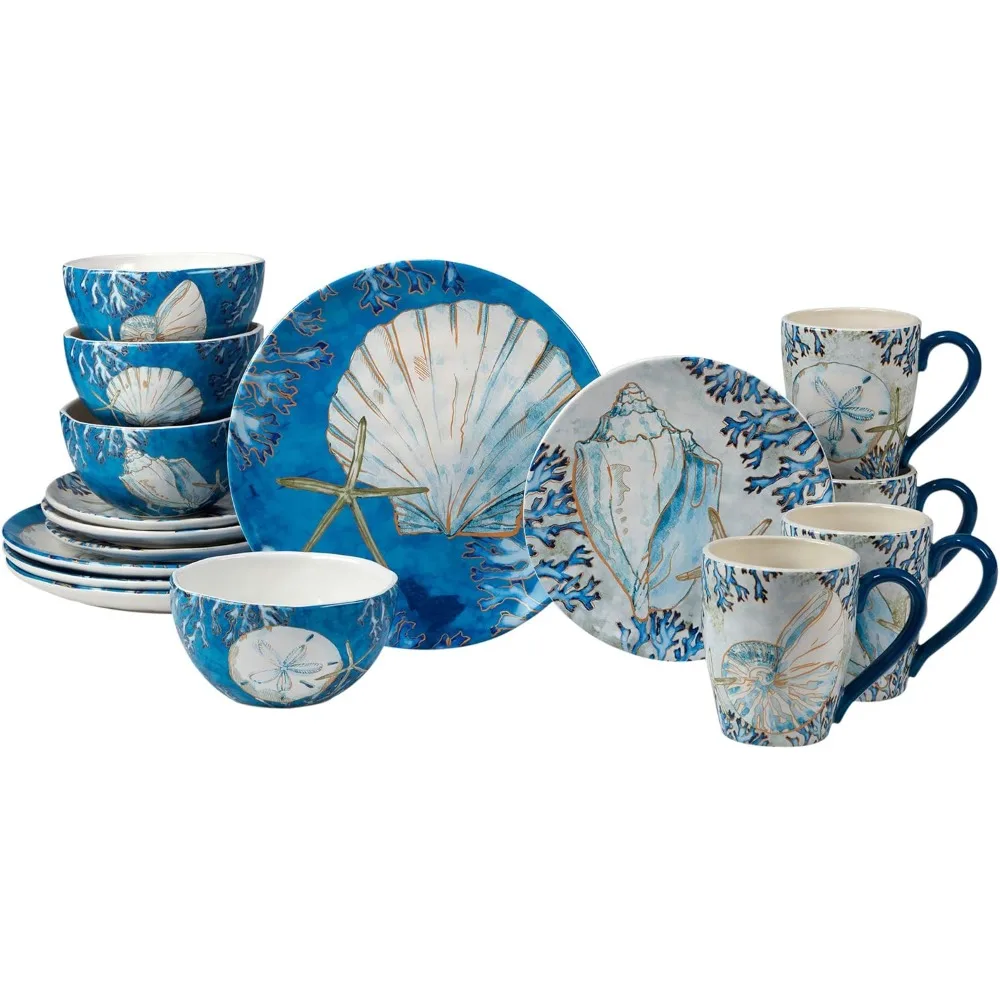 

Coastal 16-Piece Dinnerware Set for 4: Ceramic Shell-Themed Plates, Bowls, and Mugs Ideal for Everyday Use