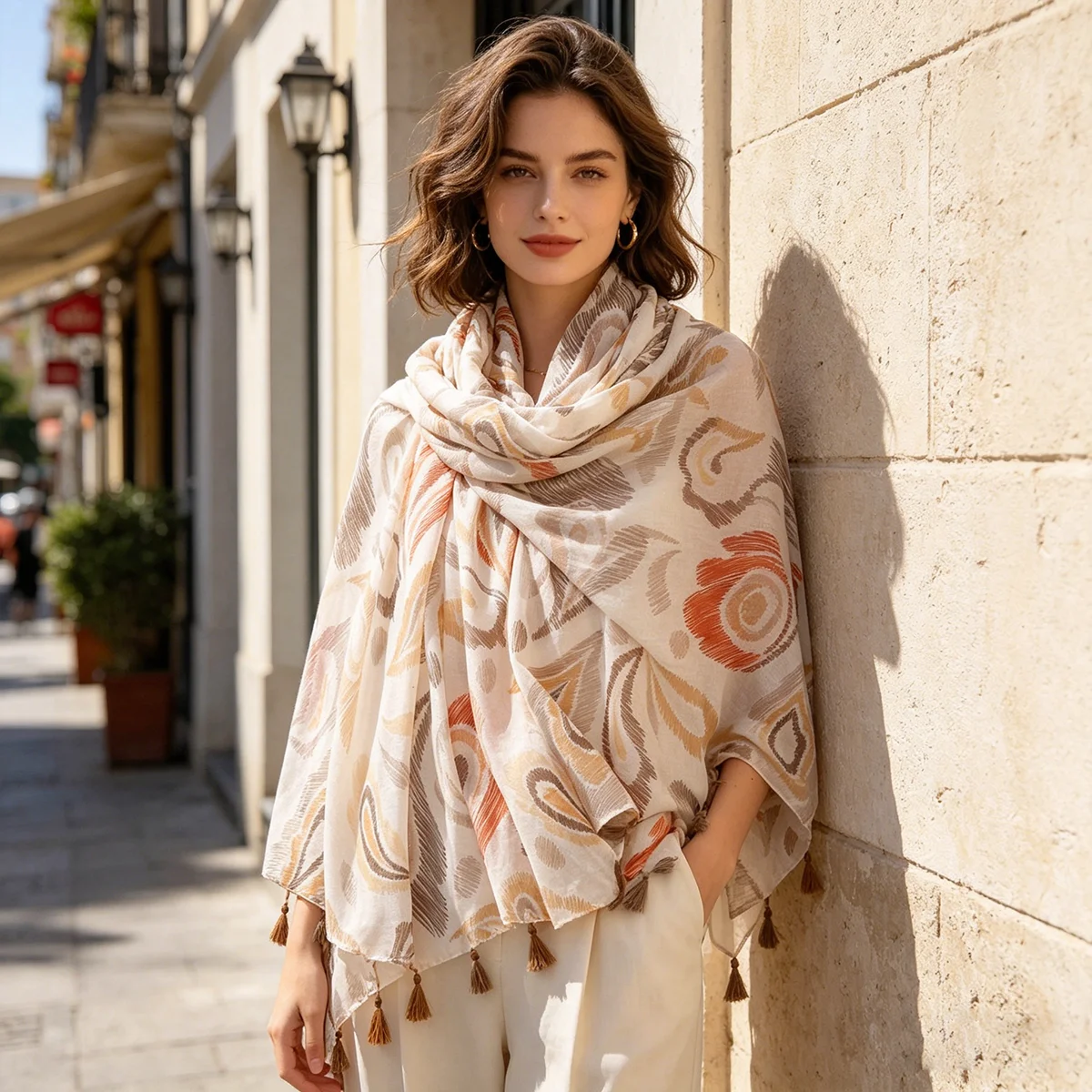 Women's Peacock Feather Tassel Scarf, Retro Abstract Printed Long Shawl 180x88cm Casual Neck Wrap