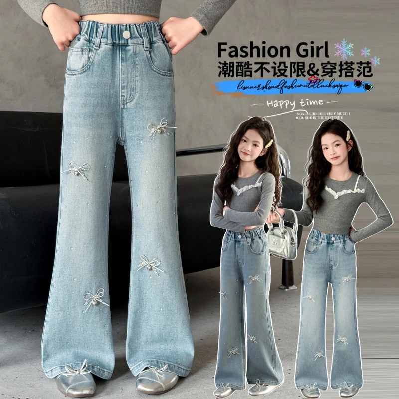 Girls' Butterfly Rhinestone Straight-Leg Jeans Ribbon Denim Straight Pants Youth Spring/Autumn Full-Length Trousers