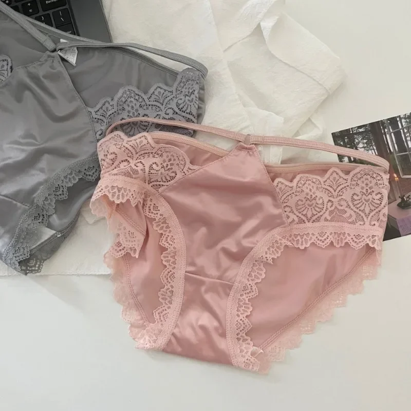 Lace Underwear Women\'s Sexy Thin Hollow Pure Cotton Crotch Breathable Mid-low Waist Pure Desire French Style Satin Briefs40-60kg