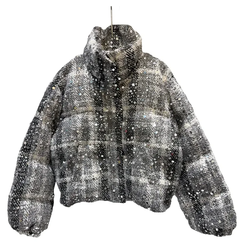 Neue Mode Herbst Winter Frauen Brot Mantel Glänzenden Pailletten Tweeds Warme Weiße Ente Unten Mantel Elegante Stehkragen Lose Unten Jacke