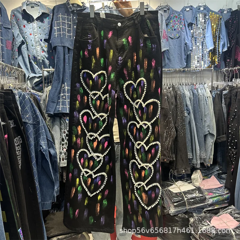 

Модные весенне-осенние женские джинсовые брюки с принтом тай-дай и бисером, универсальная уличная одежда, свободные повседневные прямые джинсы длиной до пола