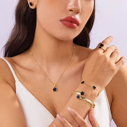 5 PCS Five Leaf Flower Combination Jewelry Set For Women Good Luck Earrings Ring Necklace Bracelet Bangle Daily Party Jewelry