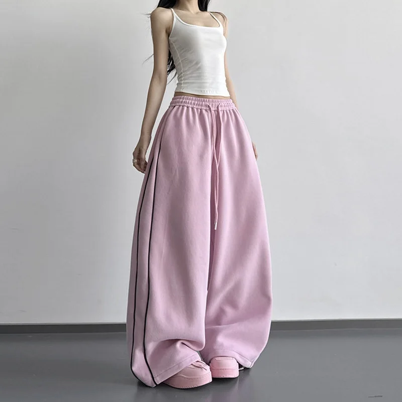 

Korean Style Striped Wide Leg Pants Men Women Casual Straight Rope Tied Sports Long Trousers Lazy Fashion Spring Autumn