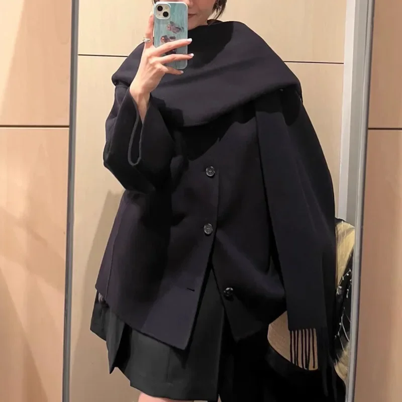 

cos wind scarf cape coat women's short fringed cashmere woolen coat autumn and winter