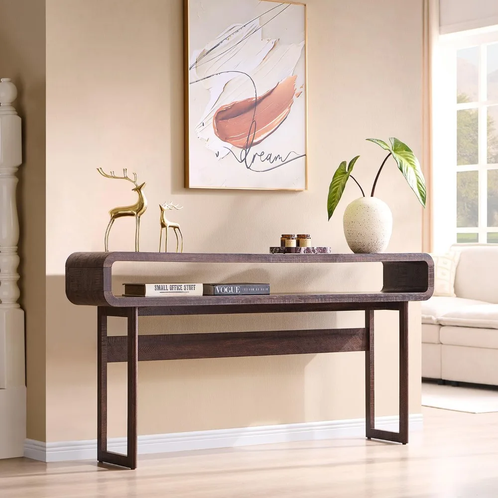 طاولة كونسول طويلة بطول 63 بوصة، طاولة مدخل حديثة بطول 31.5 مع رف تخزين مفتوح، تصميم ملف تعريف منحني، أريكة خشبية ضيقة