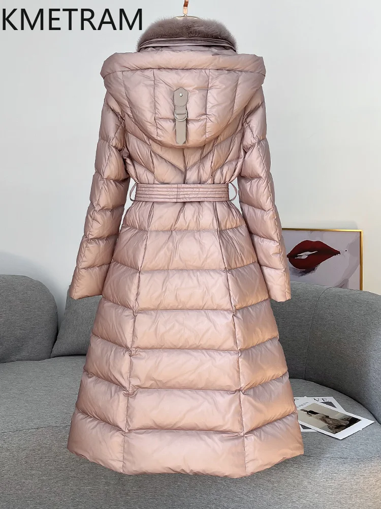 KMETRAM White Goose Down Puffer Jacket Woman Long Pink Down Coats Hooded Mink Fur Collar Outerwears Winter Clothes 2025 пальто