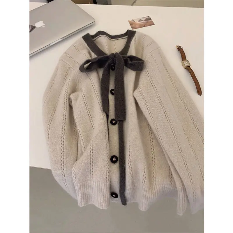 

Gentle Wind Soft Waxy Bow V-Neck Knitted Cardigan Women's Spring Thickened Design Feeling Minority Sweater Coat Top