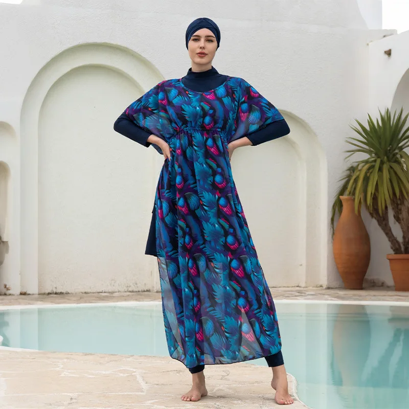 4‑Pcs Modest Burkini Swimsuit Long‑Sleeve Top Swim Pants Hijab & Sheer Peacock Print Cover‑Up Islamic Conservative Bathing Suit