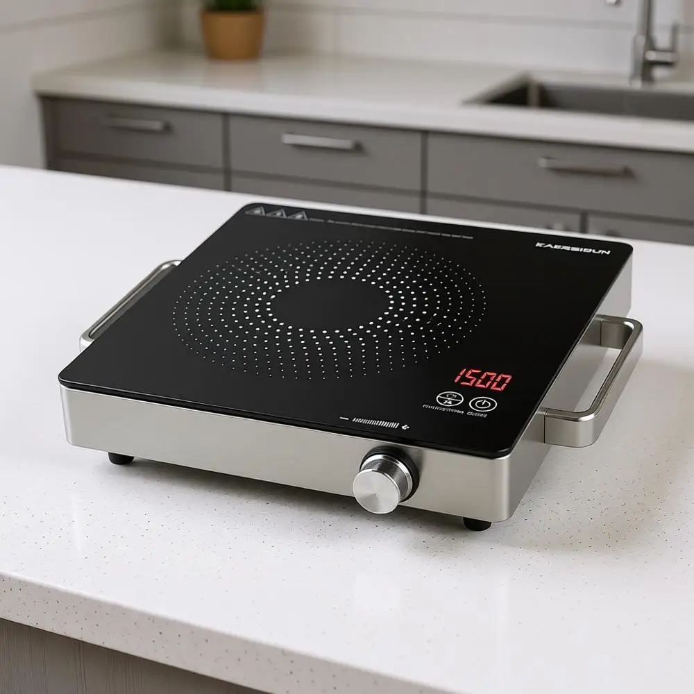 

Electric Single Burner 1500W Portable Burner with Adjustable Temperature & Stay Cool Handles, Stainless Steel, Easy to Clean, No