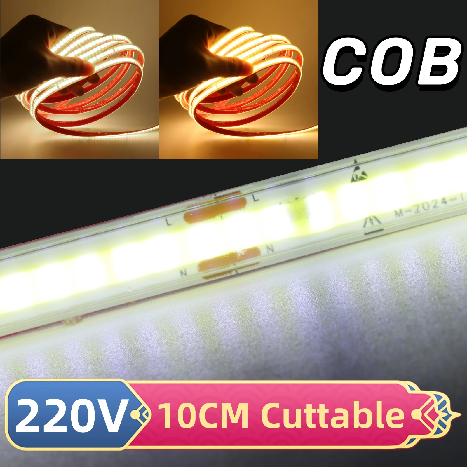 220V COB LED Strip Smart IC Lights IP65 Waterproof Tape Adhesive 10CM Cuttable Flexible Cabinet Wardrobe Home Lighting 10M 20M