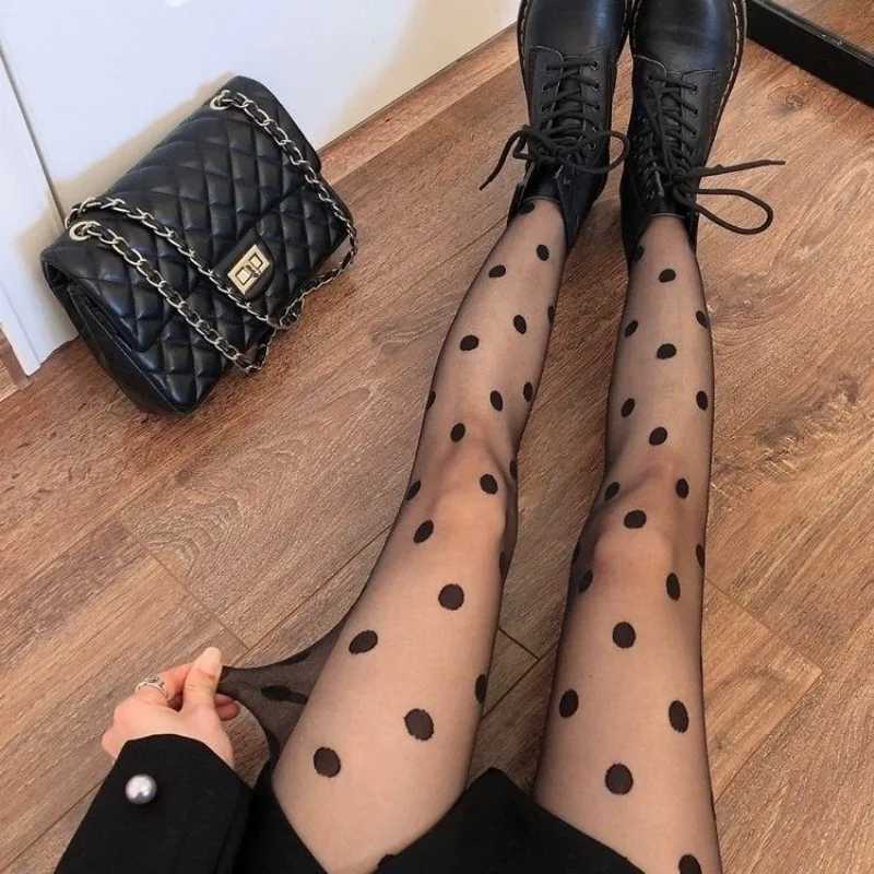 Polka Dot Print Stocking Women Sexy Tights Fishnet Mesh Seamless Pantyhose Nylon Black White Nightclub Female Ladies Silk Tights