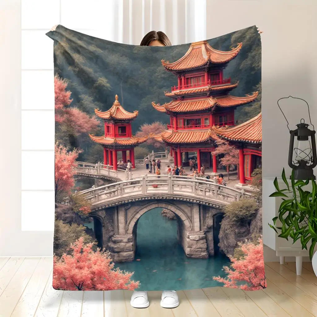 Large 150x200cm Asian Pagoda Temple Garden Scenic Print Blanket Throw Oriental Decorative Bedspread Art Home Decor