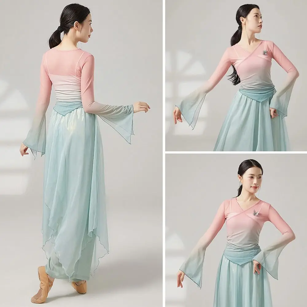 Fashion Gradient Classical Dance Top Chinese Hanfu Butterfly Saree Blouse Breathable Net Yarn Flared Sleeve Shirt Women