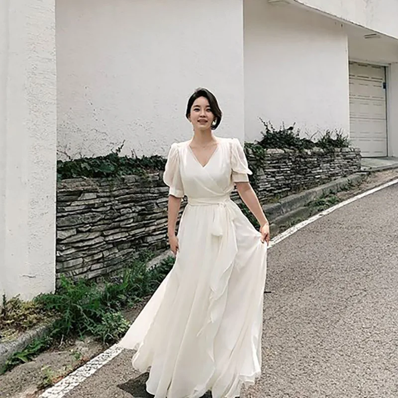 

2023 V Neck Bride Dresses Half Sleeves French Chiffon Wedding Dress Photo-Shooting Tour Robe De Mariée Evening Gown Bridal