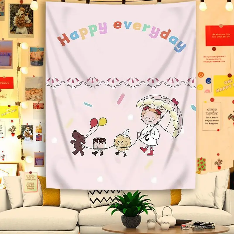 VIKAMA Happy Everyday Tapestry Wall Hanging Cute Girl Umbrella Balloon Cartoon Quote Aesthetic Wall Art Bedroom Dorm Room Decor