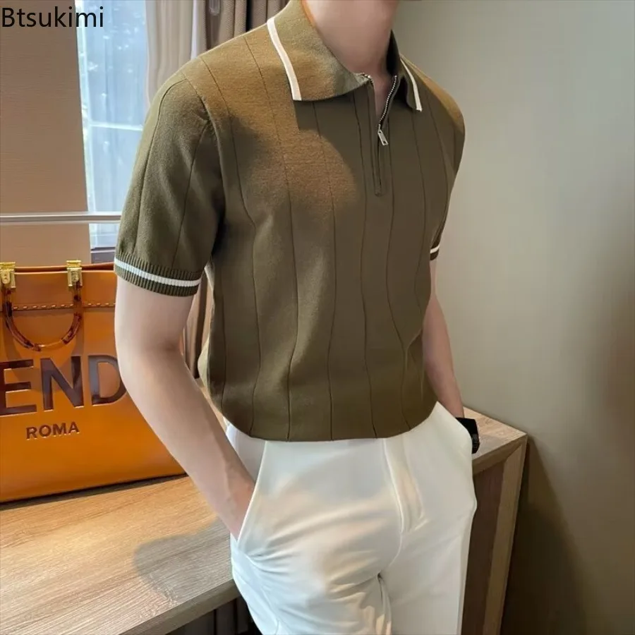 

New 2025 Summer Men's Half Zip-up Casual Knitted T-shirt Short Sleeves Lapel Slim Trendy Fashionable Knitted Polo Shirt for Men