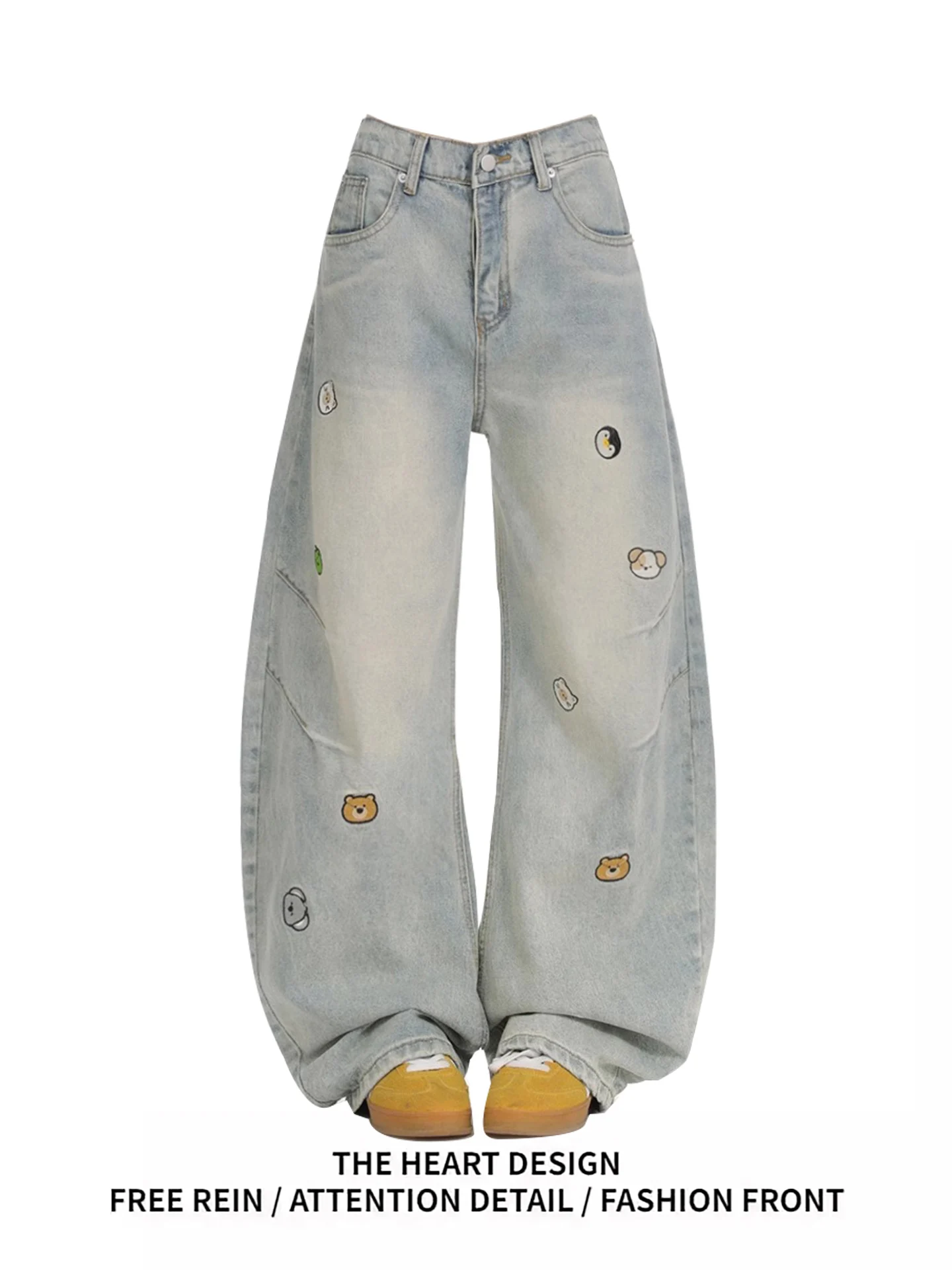 

Retro American Bear Embroidery Wide Leg Jeans Women's Summer Loose Waed Casual Long Pants Knife Denim High Waist Zippe...