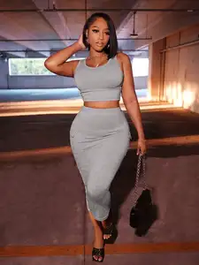 Gray 2-Piece Set: Sleeveless Crop Top & High-Waisted Midi Skirt with Pockets, Street Style