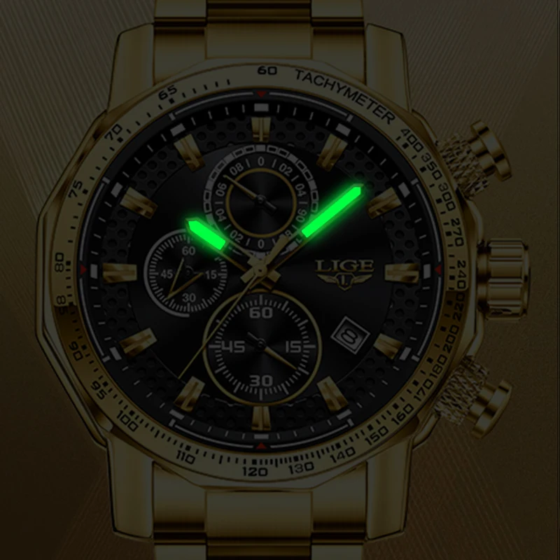 LIGE New Gold Quartz Watches For Men Military Sport Waterproof Big Dial Watch Men Fashion Business Date Chronograph Montre Homme