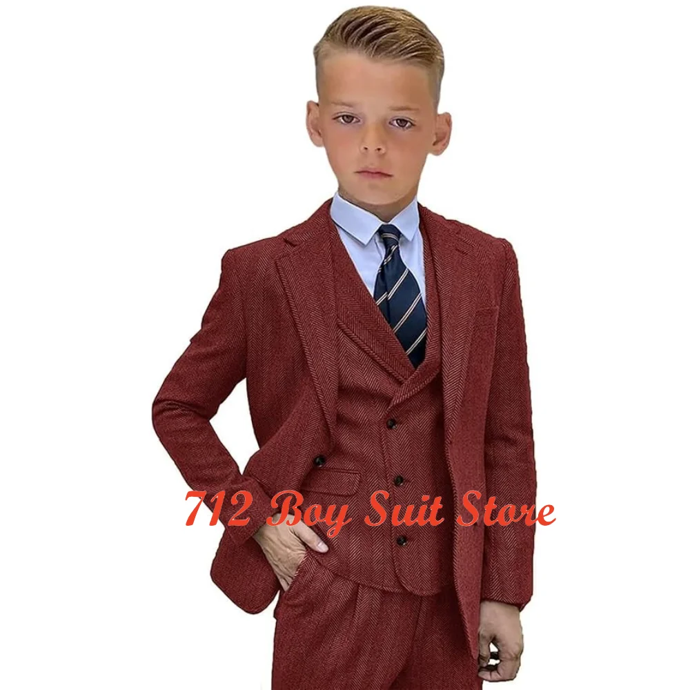 Boy's pak 3 stuks retro visgraat jasje broek vest bruiloft dinner party formele smoking wollen kinderen blazer set