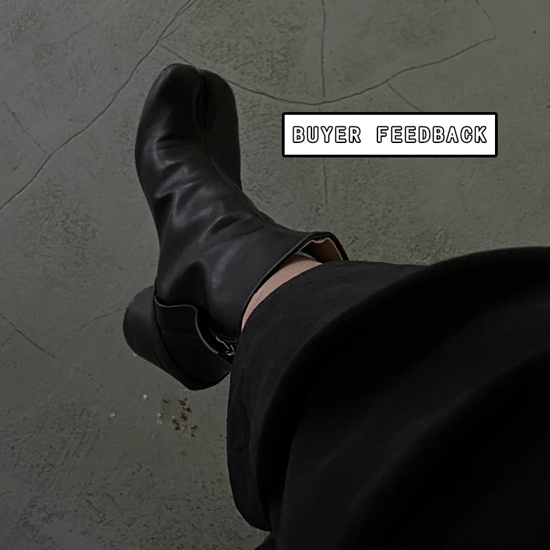 Botas de piel auténtica con punta dividida para mujer, zapatos de tacón alto redondo grueso, calzado de invierno, 2025