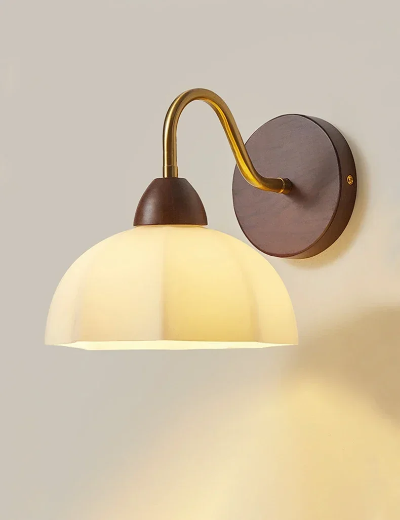 Japanese Warm Glass Wall Lights Bedside Lamp Neoclassical Wood Wall Sconce Lamp with High CRI and Anti-Blue Light