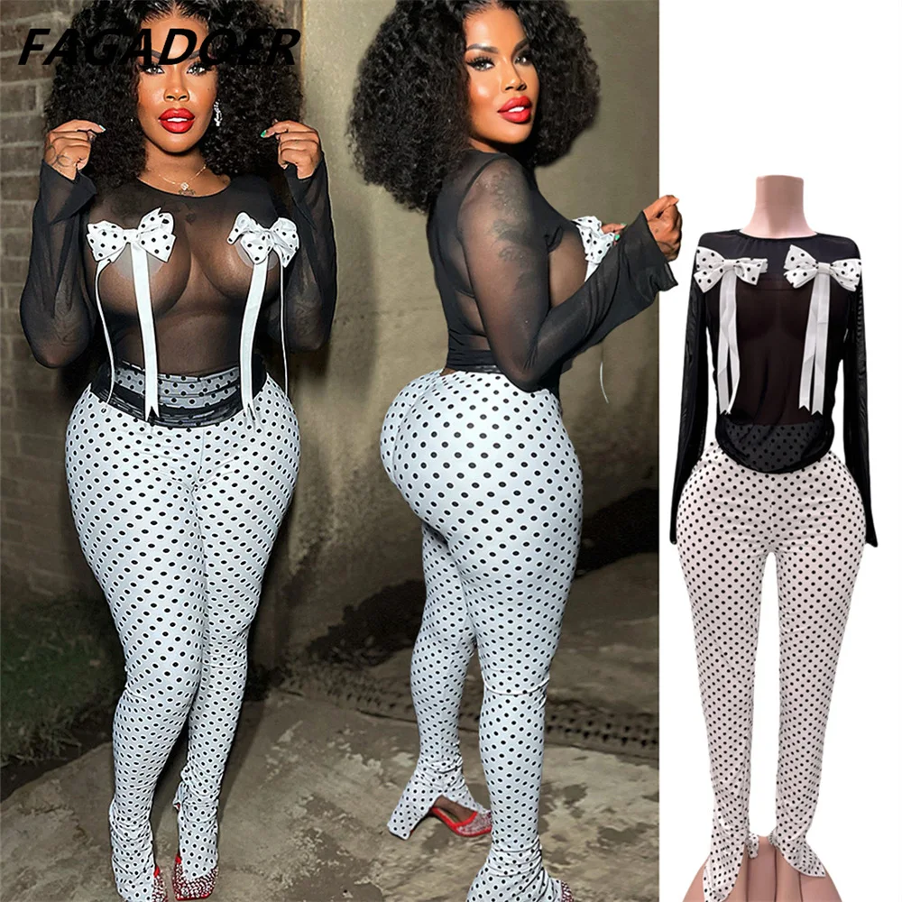 FAGADOER Vintage Y2k Polka Dot 2 Piece Sets Outfit Women Mesh See Through Bow Top and Stacked Pants Suits Ladies Club Streetwear