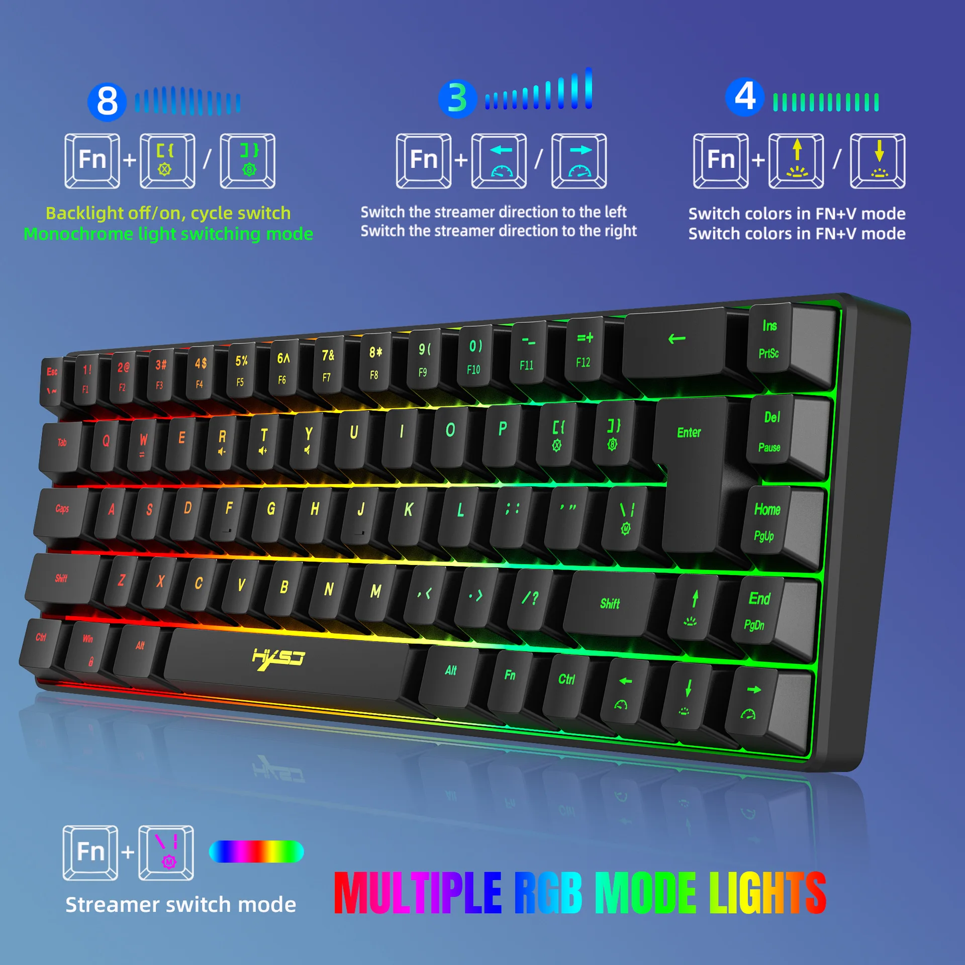 Wired Gaming Mechanical Feel Keyboard English Spanish Korean 68 Keys RGB Light Conflict-Free Ergonomic Combination Keys V200