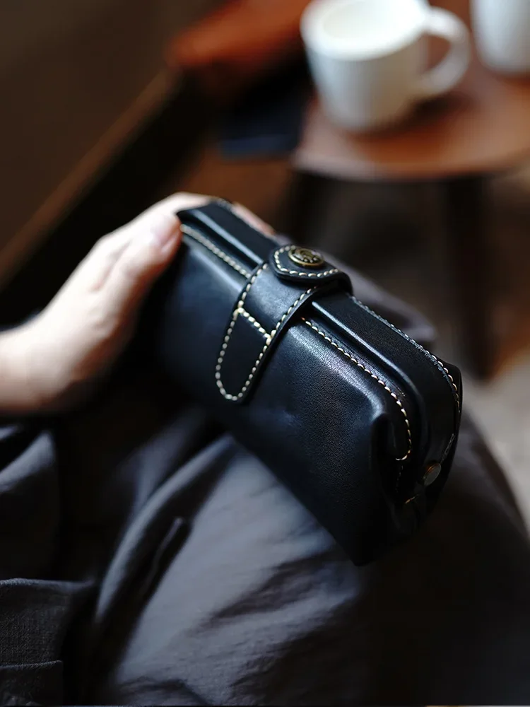 Custom Vegetable Tanned Leather Simple Retro Clutch Bag Stationery Cosmetic Storage Bag