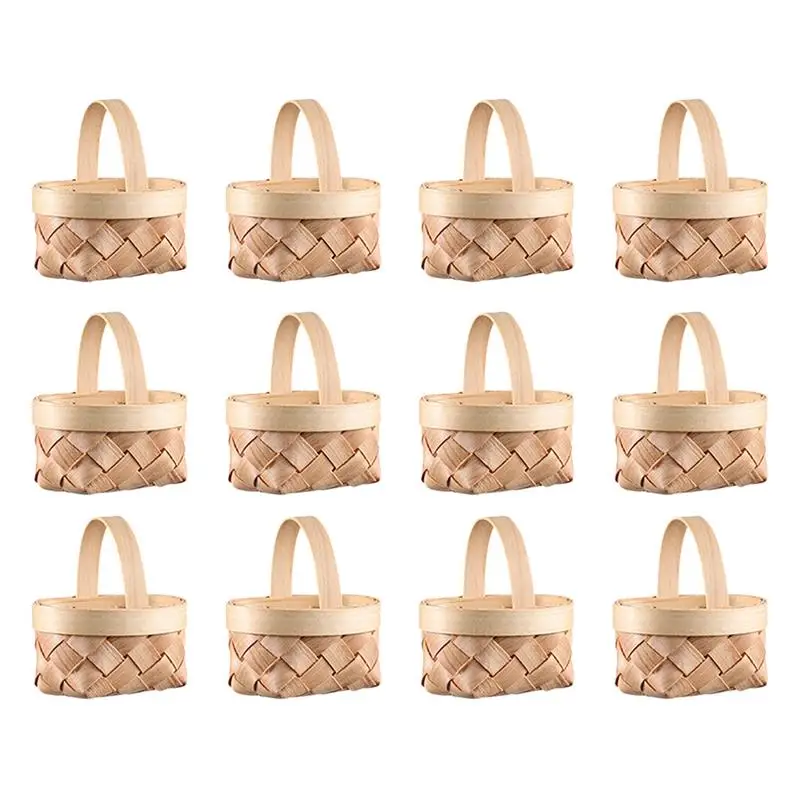 

12pcs Mini Woven Baskets Picnic Easter Candy Woven Baskets Wooden Tiny Crafts Flower Gift Baskets multiuse Wedding Party decors