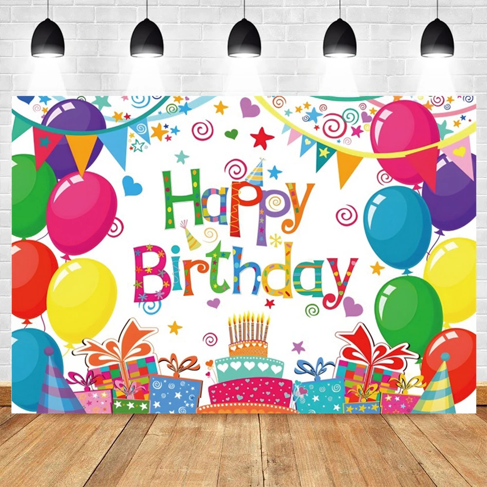 Happy Birthday Backdrop Girls Boys Baby Birthday Party Balloons Flag Gift Cake Table Decor Photography Background Photo Studio