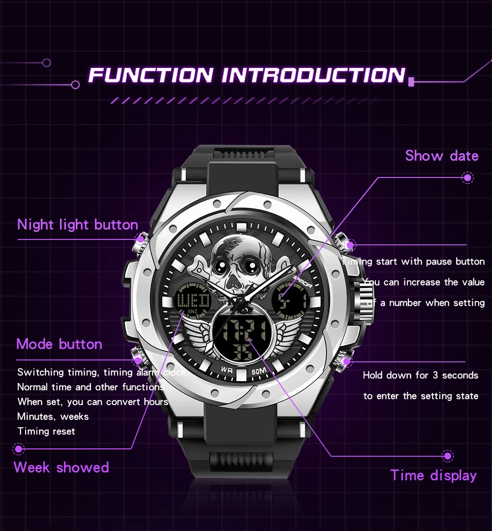 Skull Quartz Watch for Men SANDA Fashion Luminous Men\'s Skeleton Creative Watches New Product Digital Sports Weaterproof Clock