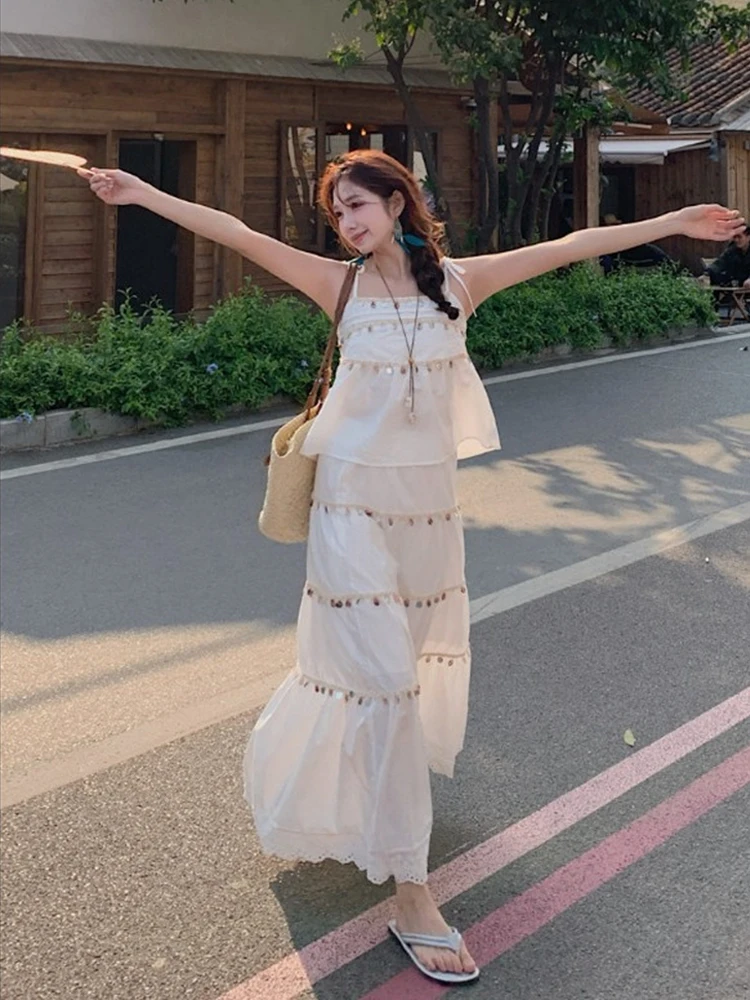 

Women's Summer New Sleeveless Strap Tank Top High Waist Long Dress Two Piece Set Heavy Industry Shell Tassel Vacation Set