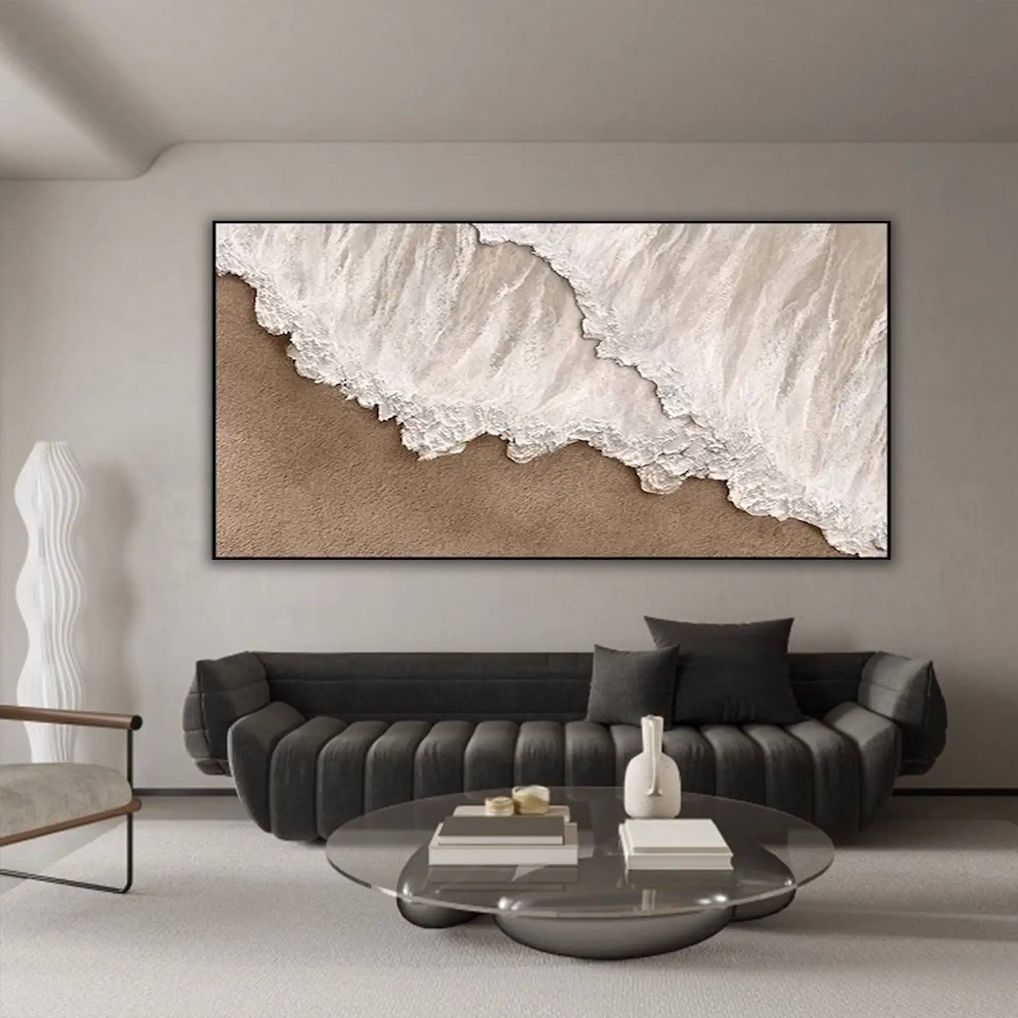 Original Handmade Ocean Beach oil Painting on Canvas Earth Tone Sand Textured Wabi-sabi Wall Art Painting for Living Room Decor