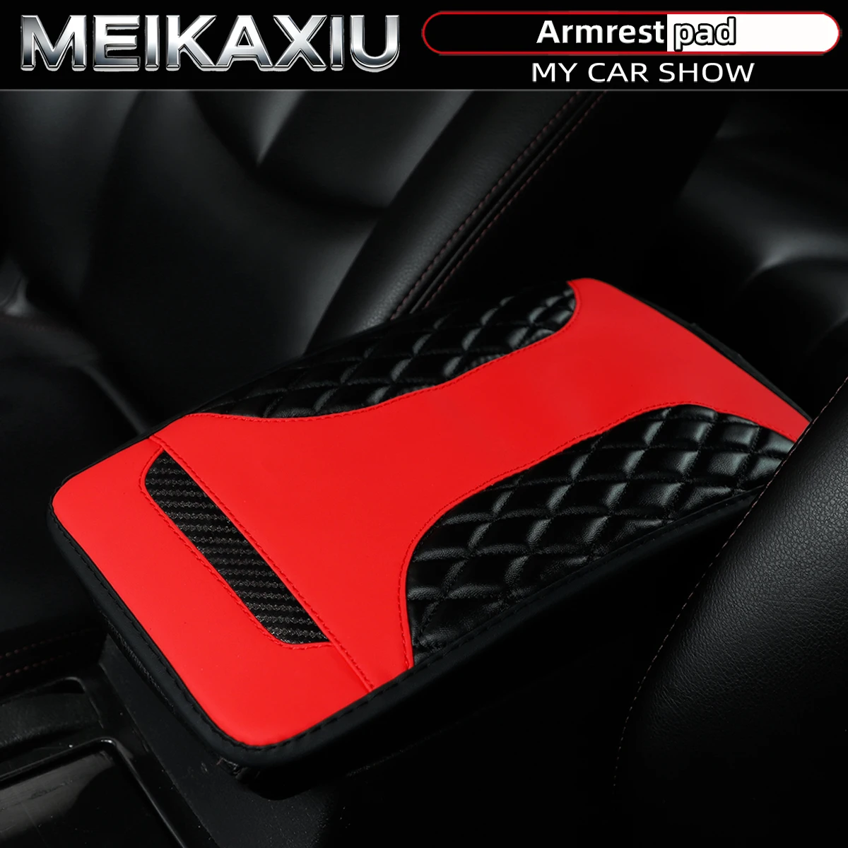 PU Leather Crystal Carbon Fiber Three-Dimensional Embroidered Car Armrest Cover, Center Console Pad, Car Decoration, 32X19 Inch