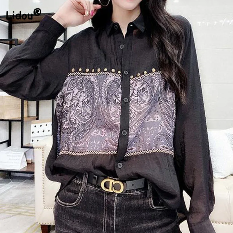 Blus Single-Breasted Patchwork Vintage Mode Pakaian Wanita Musim Semi Kemeja Kerah Turn-Down Lengan Panjang Longgar Cocok untuk Semua