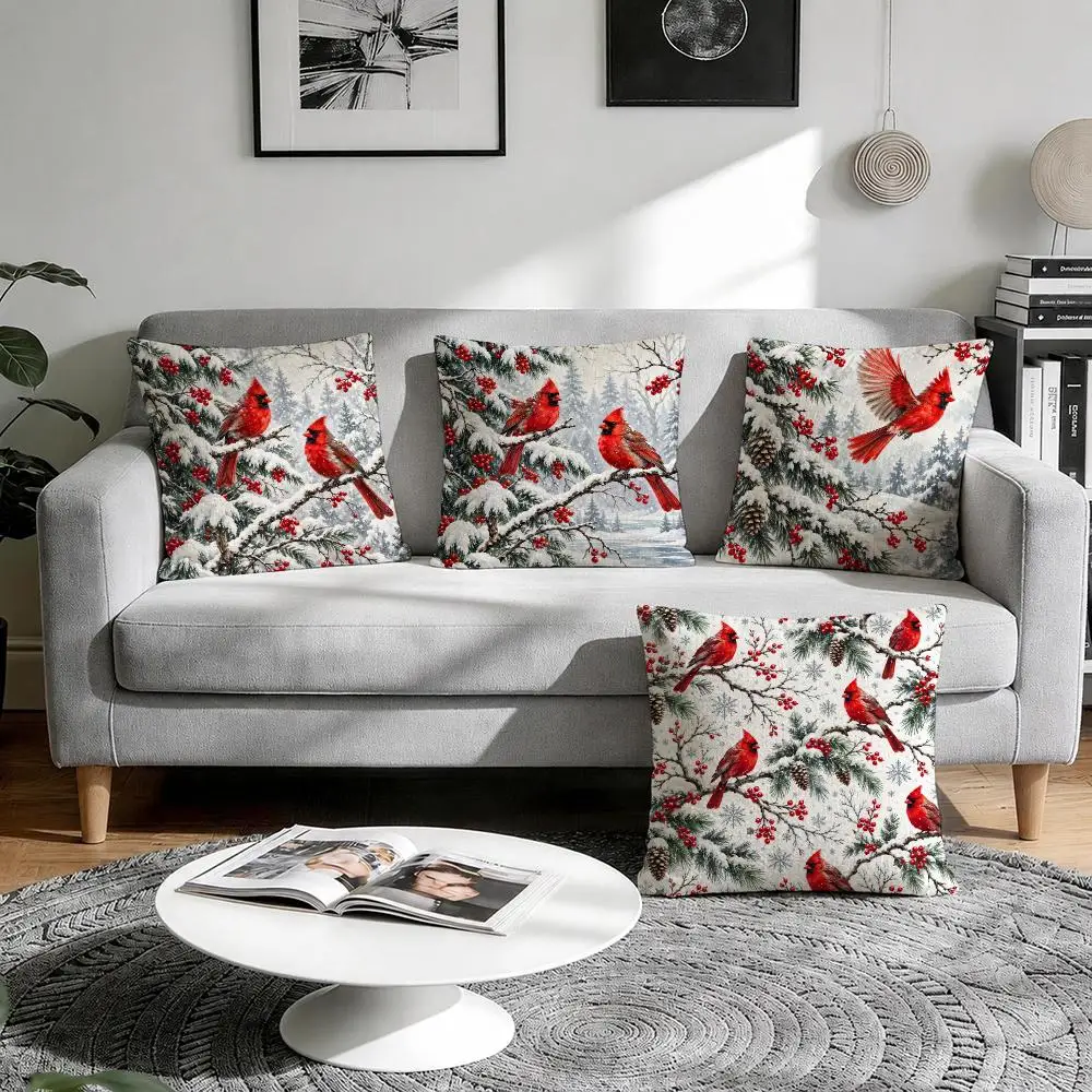 Winter Cardinals Cushion Cover 1/4Pcs Linen Throw Pillow Covers Double-Side Print Sofa Couch Living Room Decor
