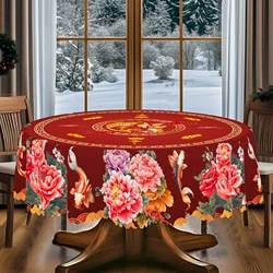 1 Piece Chinese New Year Red Round Tablecloth, 5 Sizes Available, Spring Festival Peony Surplus Printed Square Tablecloth, Edge Embossing Process, Spring Festival Table Decoration, Tablecloth for Daily Home Kitchen, Terrace, Chinese Wedding Decoration Gift
